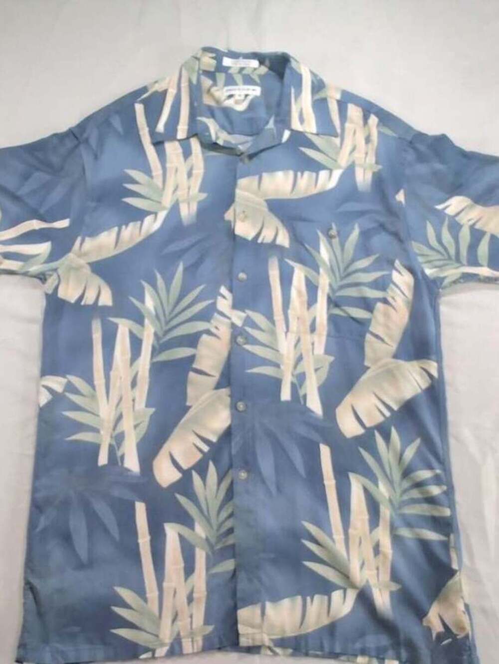 Vintage Pierre Cardin Blue Hawaiian Aloha Shirt Bamboo Leaf Print Rayon Medium
